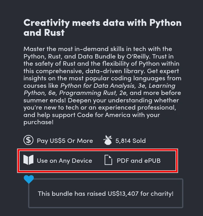 ตรงคำอธิบายบันเดิ้ลมีส่วนที่เขียนว่า Use on Any Device ถัดไปด้านขวาเชียนว่า PDF and ePUB