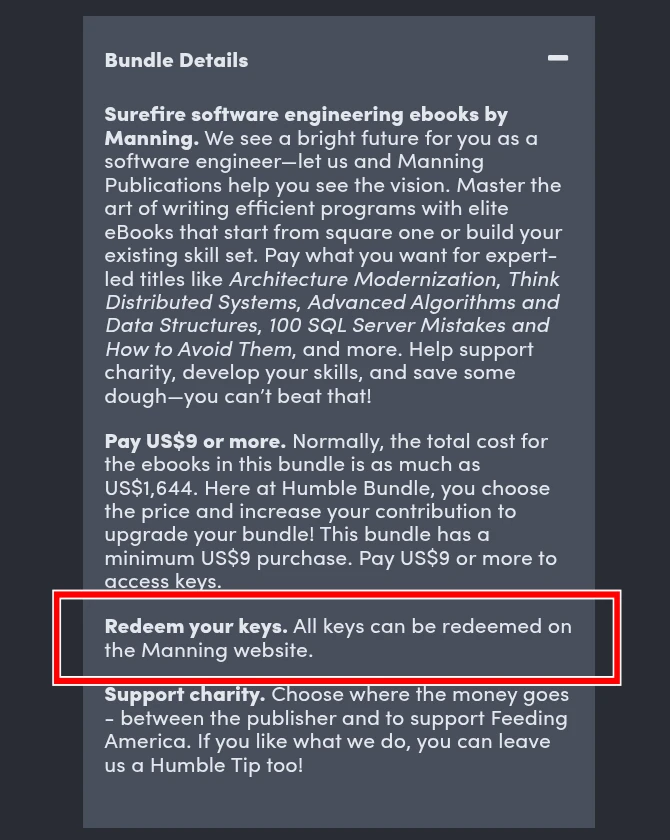 คำอธิบายบันเดิ้ลมีกำกับไว้ว่า Redeem your keys. All keys can be redeemed on the Manning website
