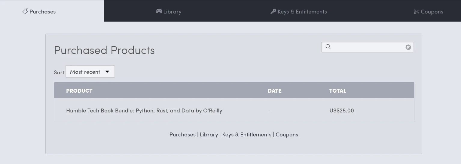 หน้า Purchases ที่จะมีรายการสั่งซื้อที่เราเคยซื้อไว้แสดงอยู่
