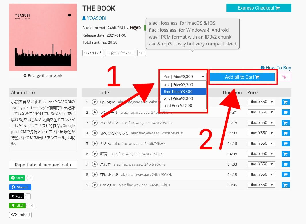ภาพตัวอย่างหน้าเว็บแสดงข้อมูลอัลบั้ม มีให้เลือกประเภทไฟล์ทั้งอัลบั้มและปุ่มกดเพิ่มเข้าตระกร้าทั้งอัลบั้ม