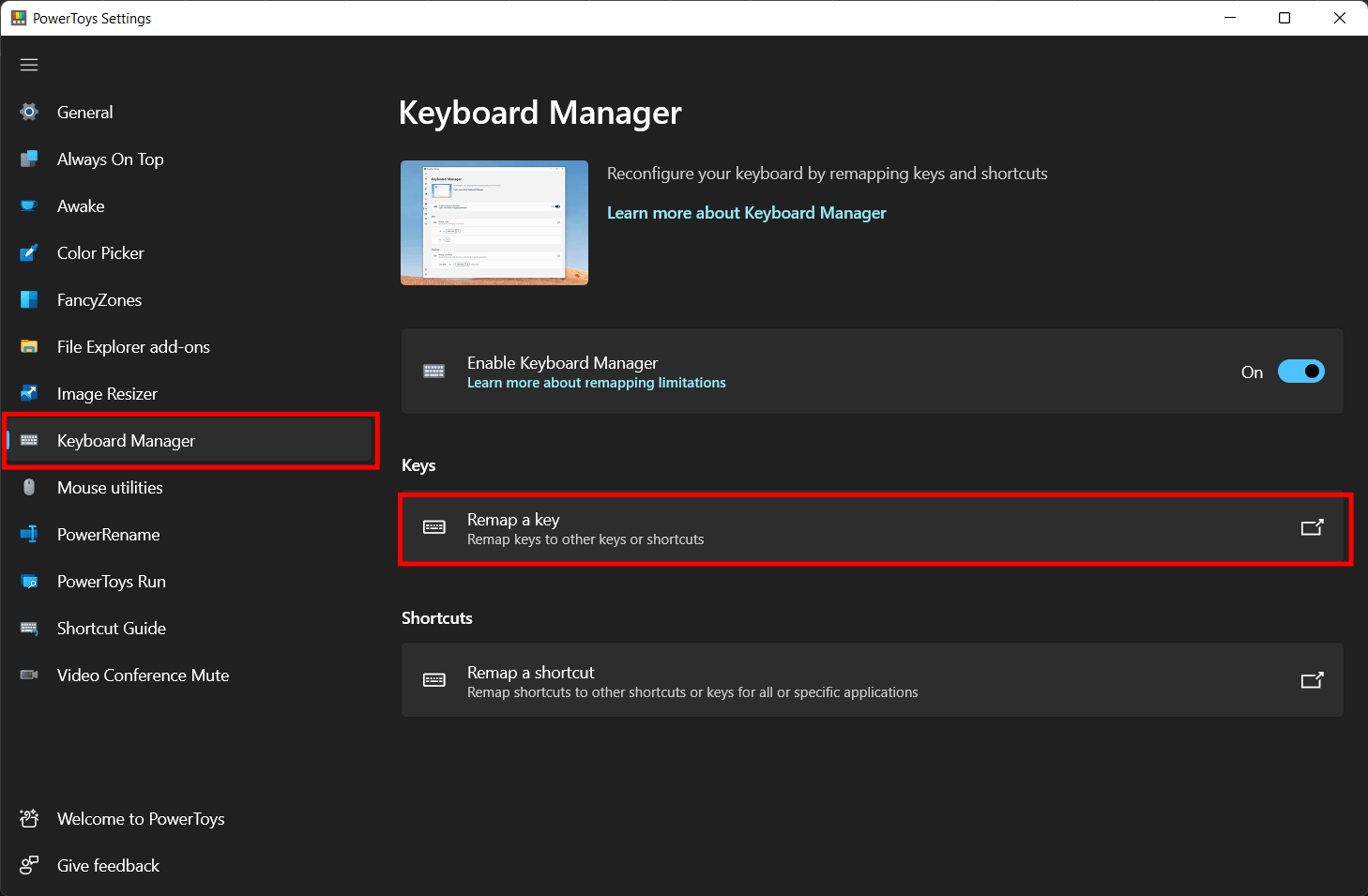 Keyboard Manager menu in PowerToys